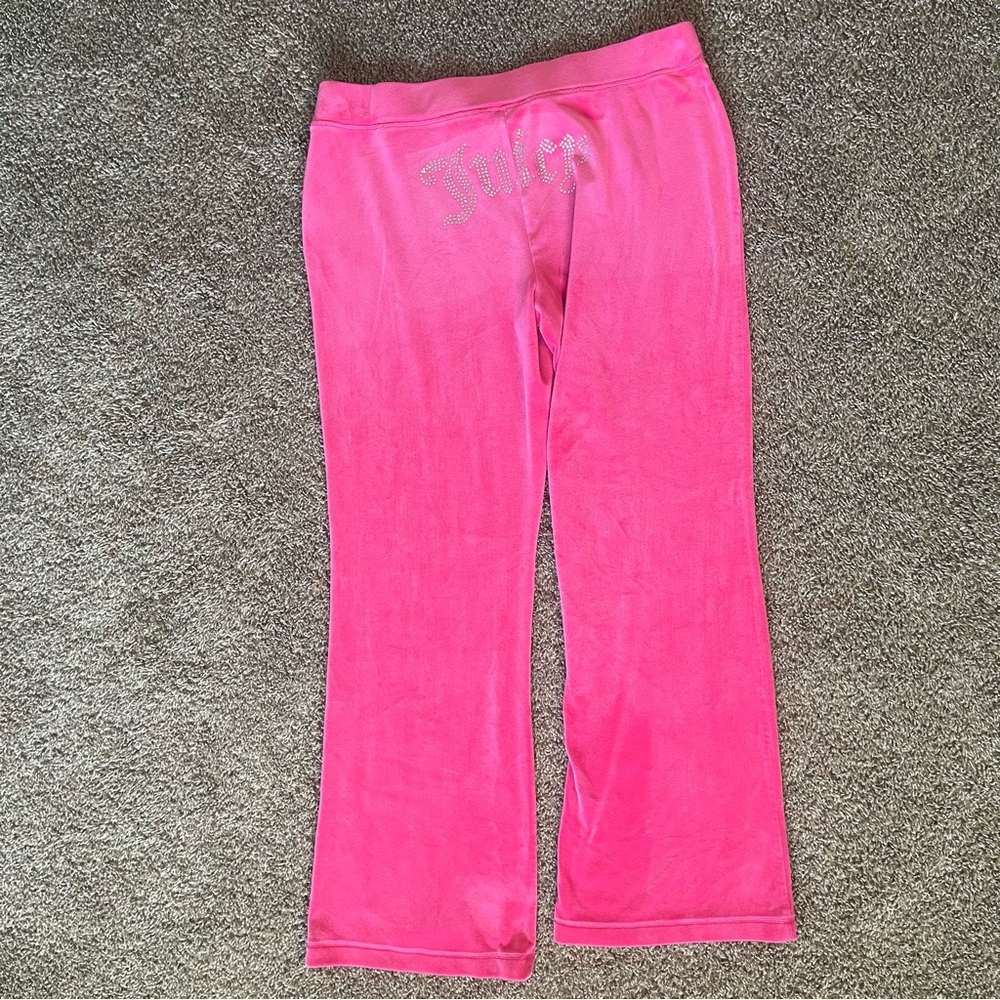 Juicy Couture Velour Fuchsia Pink Rhinestone Logo Pants SZ L Wide Leg Sweatpants